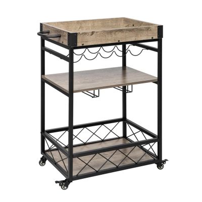SDA287MZ Industrial Vintage Serving Cart for 5 Wine Bottles and 9 Wine Glasses