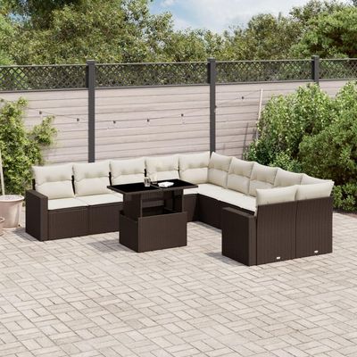 CIADAZ 11-Piece Brown Poly Rattan Garden Sofa Set with Cushions