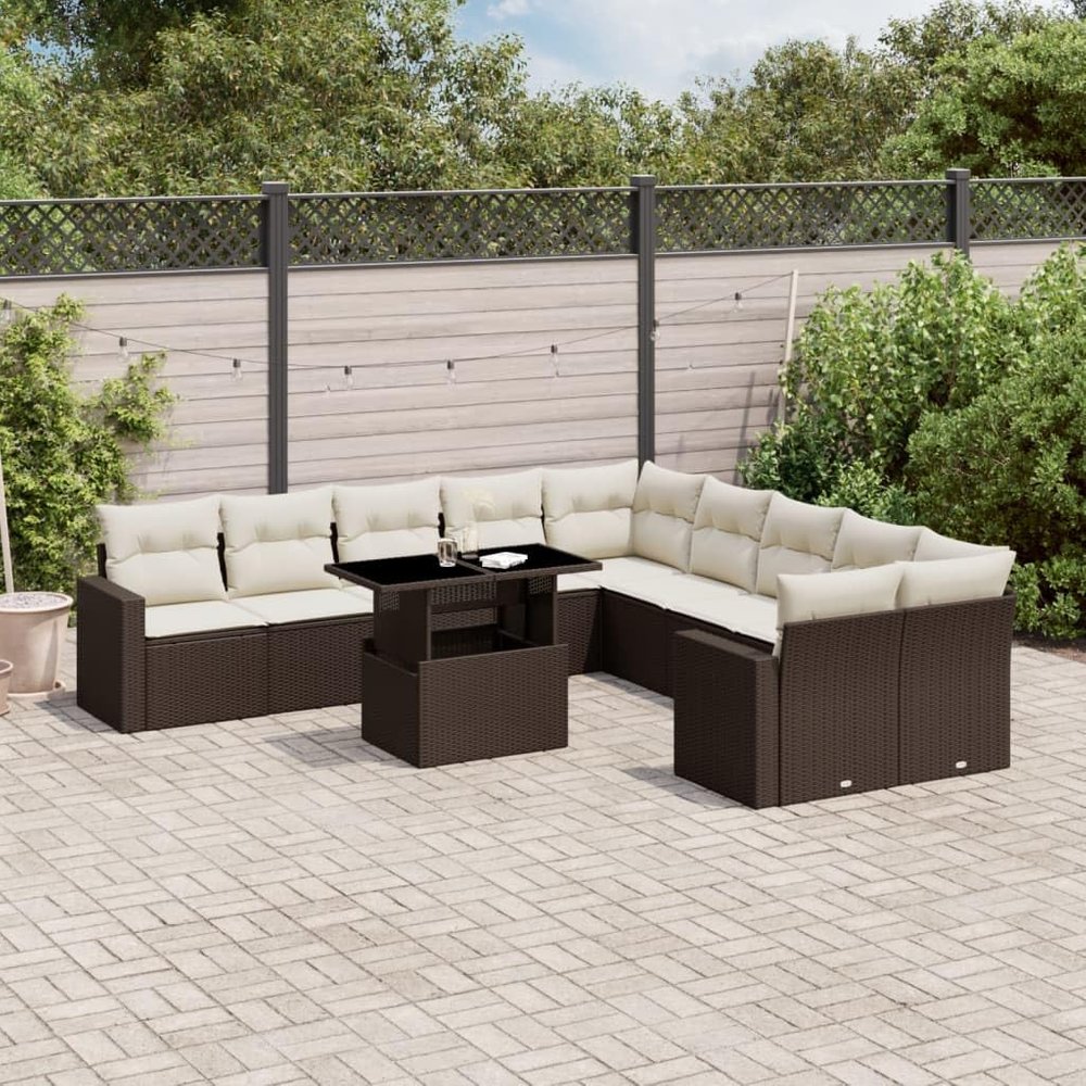 CIADAZ 11-Piece Brown Poly Rattan Garden Sofa Set with Cushions