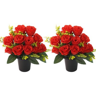 JUTTAUTO Artificial Potted Flowers, 12 Roses, Grave Decoration, Silk Flowers, 2-Piece Set