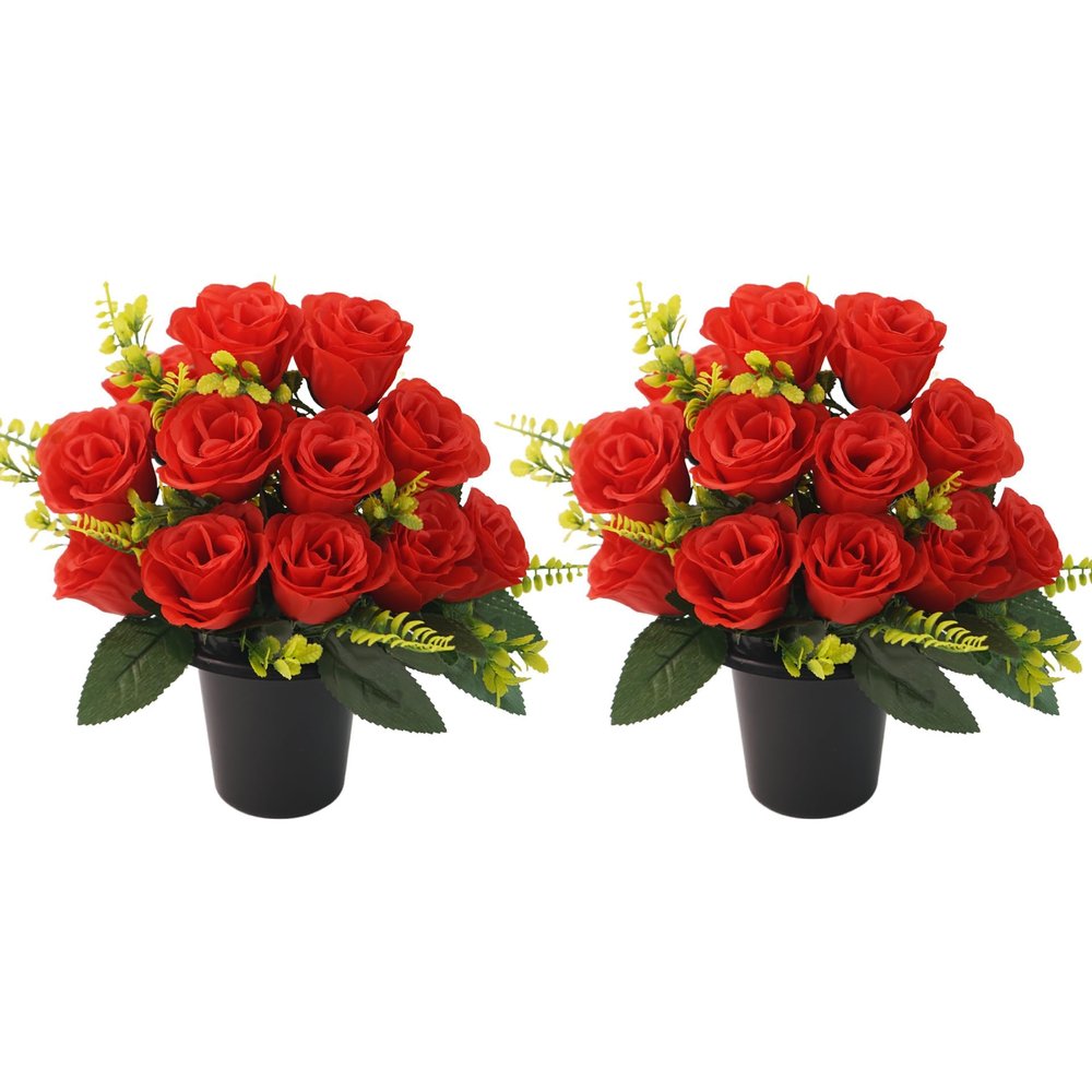 JUTTAUTO Artificial Potted Flowers, 12 Roses, Grave Decoration, Silk Flowers, 2-Piece Set