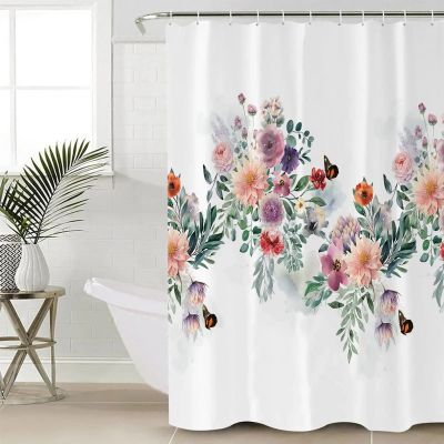 Waterproof Watercolor Floral Butterfly Shower Curtain, 200 x 180 cm