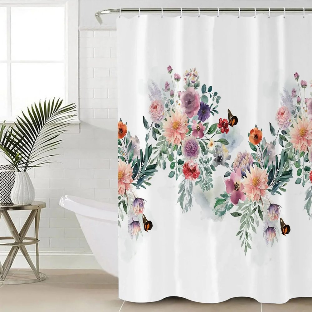 Waterproof Watercolor Floral Butterfly Shower Curtain, 200 x 180 cm
