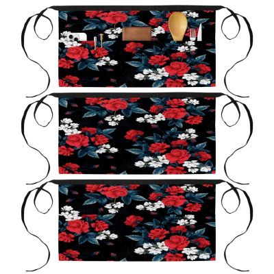 VAPOKF 3-Pack Waist Aprons with 3 Pockets, Short Half Aprons, Red Rose Magnolia Flowers, Multicolor