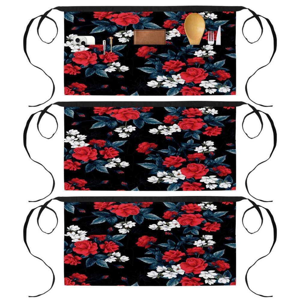 VAPOKF 3-Pack Waist Aprons with 3 Pockets, Short Half Aprons, Red Rose Magnolia Flowers, Multicolor