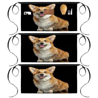 VAPOKF 3-Pack Waist Aprons, Short Server Aprons with 3 Pockets, Welsh Corgi Dog, 23.6 x 12 in/60 x 30.5 cm
