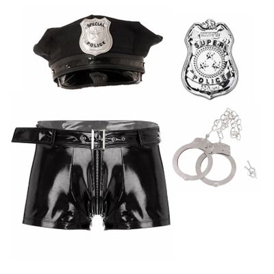 Men's Sexy Police Costume Set with Cap, Badge, Open Leather Boxers and Cuffs, Black, L