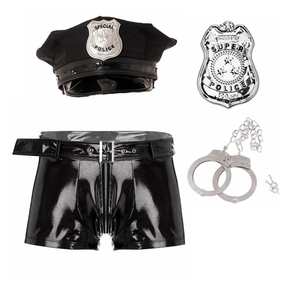 Men's Sexy Police Costume Set with Cap, Badge, Open Leather Boxers and Cuffs, Black, L