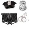 Men's Sexy Police Costume Set with Cap, Badge, Open Leather Boxers and Cuffs, Black, L view 2