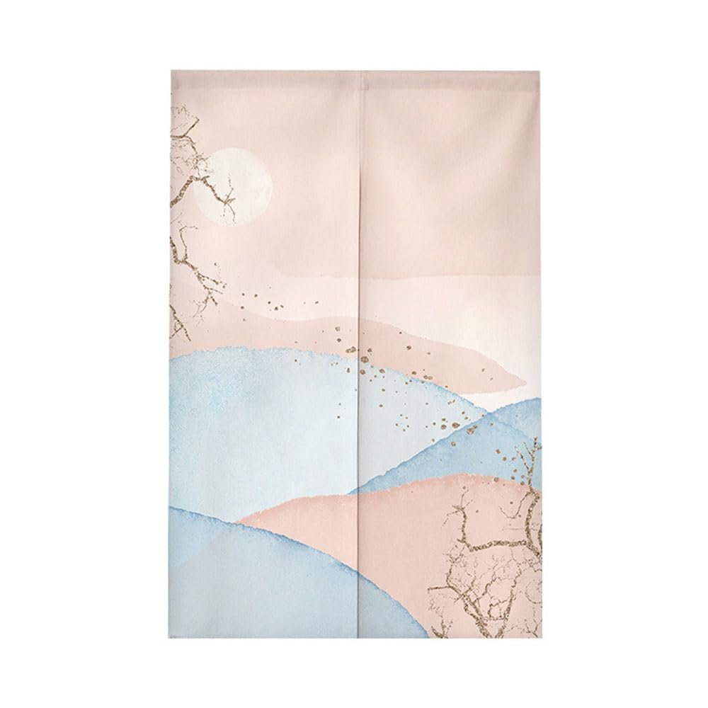 Chickwin Japanese Noren Door Curtain, Mountain River Print, Room Divider, Pink Blue, 90 x 180 cm
