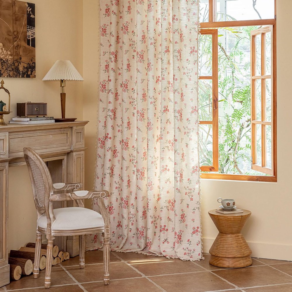 ENJOYBRIDAL Pink Floral Boho Curtains, Semi-Sheer, Tassel Trim, 84 in Long, 2 Panels