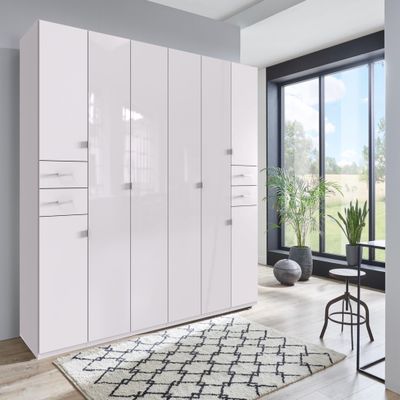 mbelando Danzig Hinged-Door Wardrobe, White + White Glass, 270 x 208 x 58 cm