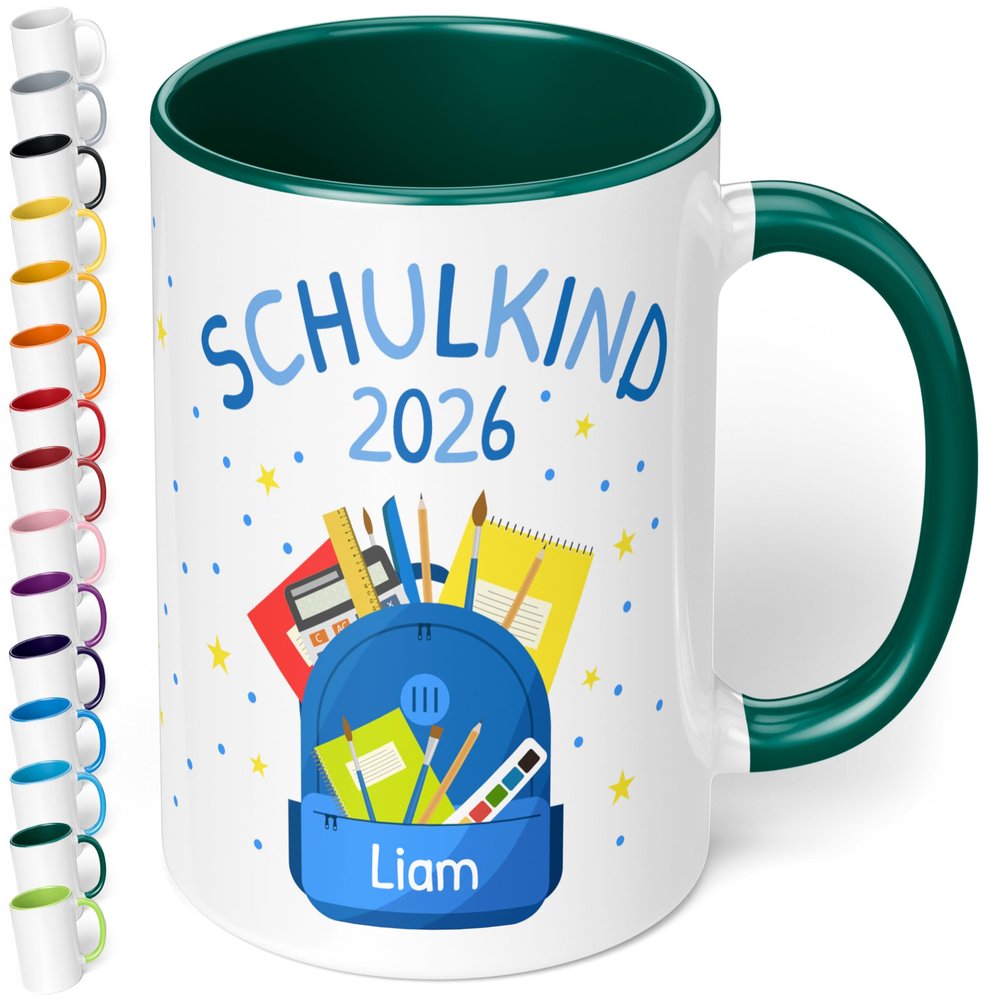 2026 First Day of School Gift Mug for Boys - Personalized Ceramic Mug with Name, Blue Backpack, Dark Green, 330 ml