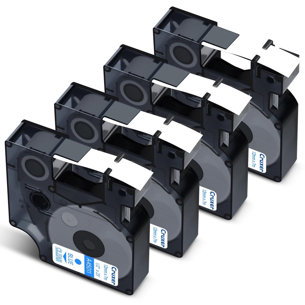 Cruxer 4-Pack Compatible with Dymo D1 45011 S0720510 A45011, Blue on Clear, 12 mm x 7 m