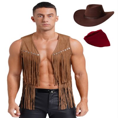 Freebily Men's Cowboy Hat and Fringe Faux Suede Vest Costume Set, Brown, XL