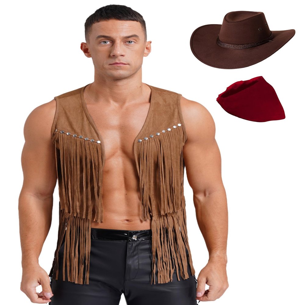 Freebily Men's Cowboy Hat and Fringe Faux Suede Vest Costume Set, Brown, XL