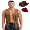 Freebily Men's Cowboy Hat and Fringe Faux Suede Vest Costume Set, Brown, XL view 1