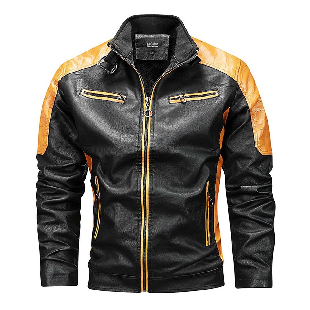 SRZYMJ Men's Leather Jacket, Yellow/Brown Retro, Black Denim Jacket, XXL