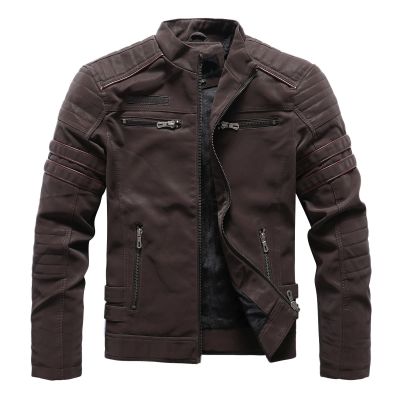 SRZYMJ Men's Coffee Leather Motorcycle Jacket with Protectors