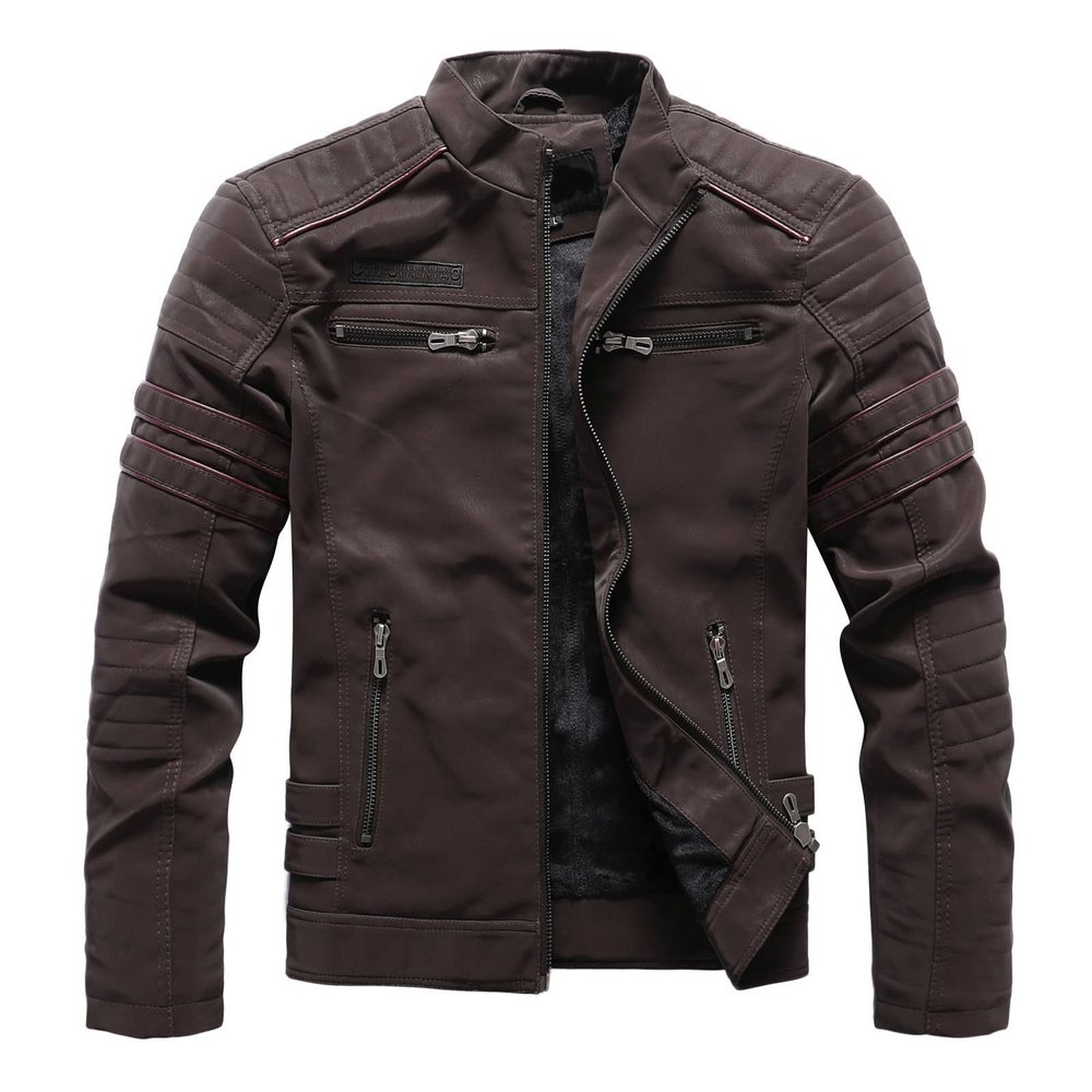 SRZYMJ Men's Coffee Leather Motorcycle Jacket with Protectors