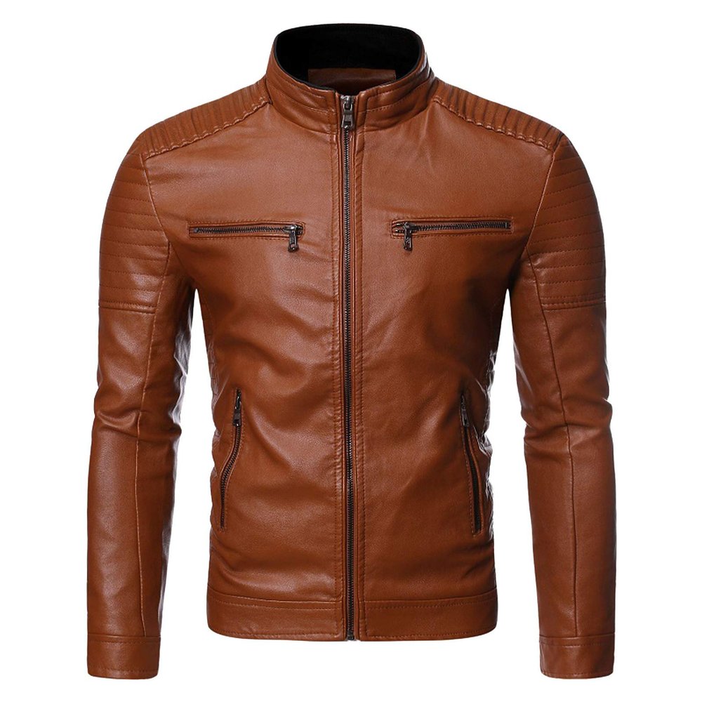 SRZYMJ Men's Brown Leather Jacket, Slim Fit