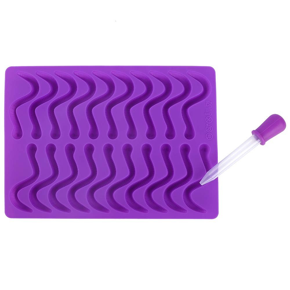 Gummy Worm Silicone Mold with 20 Cavities, Chocolate Candies, Gummy Cakes + Dropper, Purple