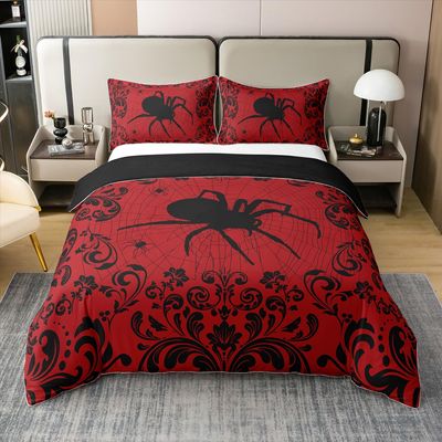 100% Cotton Spider Duvet Cover Set, Spiderweb Damask, Black and Red Gothic Boho Bedding