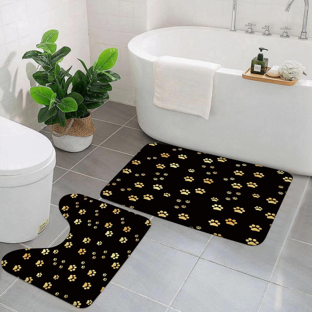 EYLOZS 2-Piece Bathroom Rug Set, Washable Non-Slip Bath and Toilet Mats, Soft Absorbent, Golden Dog Paw Print
