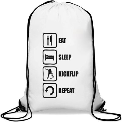Eat Sleep Kickflip Repeat Skater's Slogan Drawstring Gym Bag, White, One Size