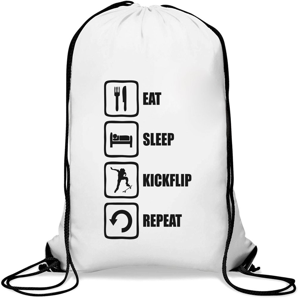 Eat Sleep Kickflip Repeat Skater's Slogan Drawstring Gym Bag, White, One Size