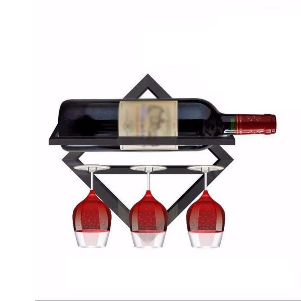 Wall-Mounted Wine Rack with Glass Holder, Black Metal