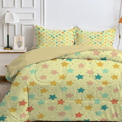 All-Season Reversible Duvet 135 x 200 cm with Colorful Stars, Light Yellow, 200 GSM, 1 Pillowcase