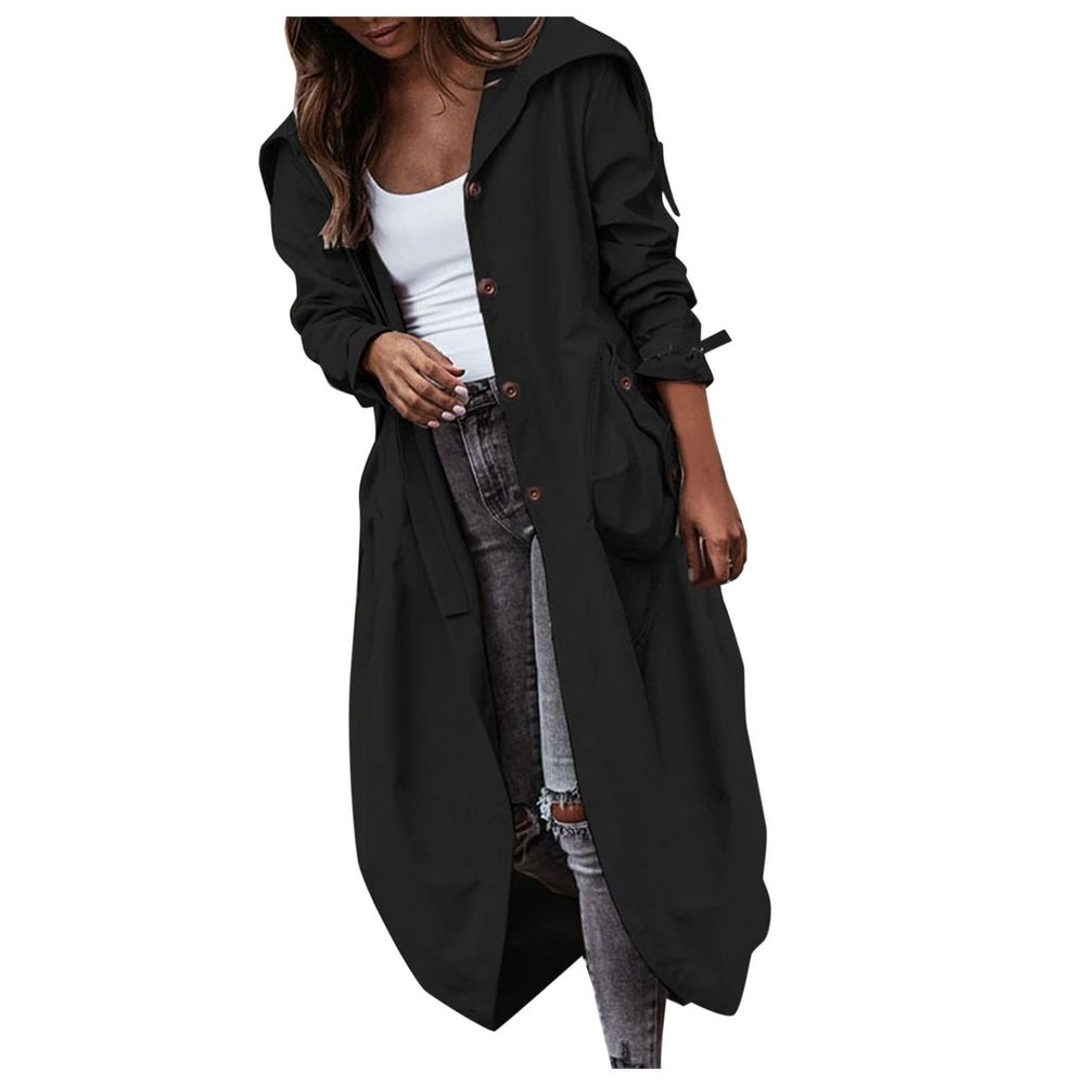 Beokeuioe Women's Lightweight Long Black Hooded Windbreaker Trench Coat