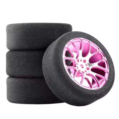MGHGFYTAS RC Tires Compatible with Wltoys 144001, 124016, 124017, 124018, 124019 and 104001, 4-Pack 68 mm Foam Tires with Rims, Pink