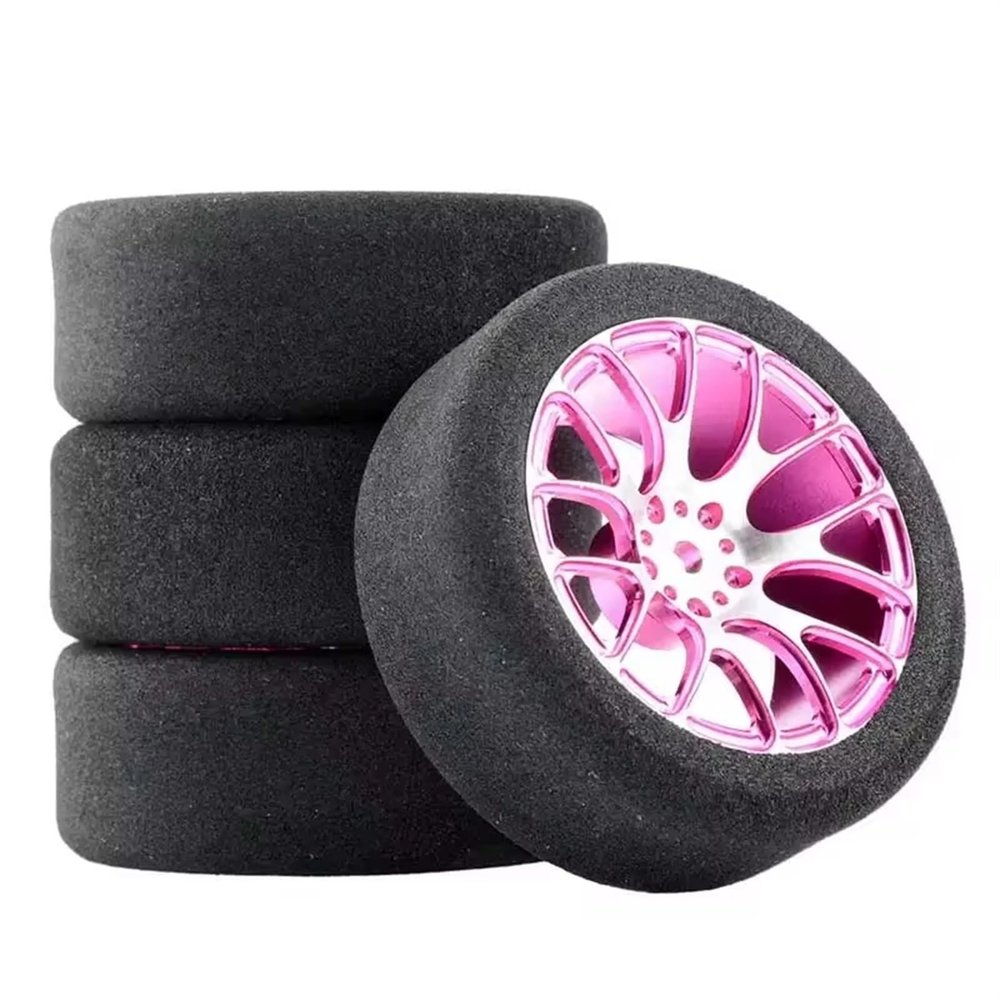 MGHGFYTAS RC Tires Compatible with Wltoys 144001, 124016, 124017, 124018, 124019 and 104001, 4-Pack 68 mm Foam Tires with Rims, Pink