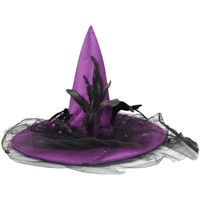 HzDazrl Halloween Witch Hat for Women, Wide Brim, Pointed Crown, Festival Party Accessory, Vintage Adult Hat, Tulle Feathers, Purple, One Size