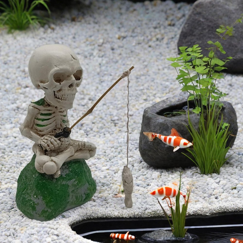 Mini Skull Figure Halloween Gothic Decor, Resin Skeleton Fisherman Sculpture (Style C)