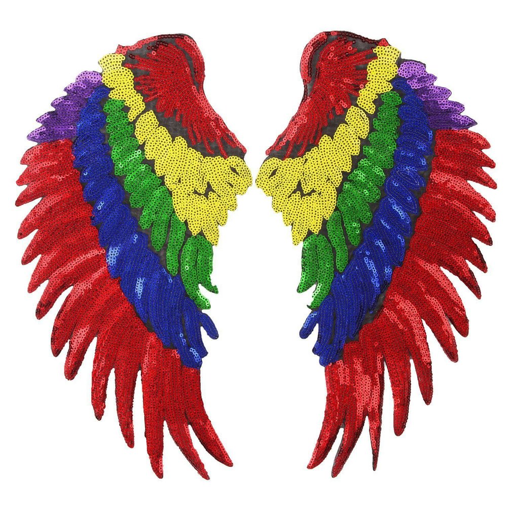 KLDGQ 33 × 17 cm Rainbow Sequin Angel Wing Appliqué Patches, 2 Pairs