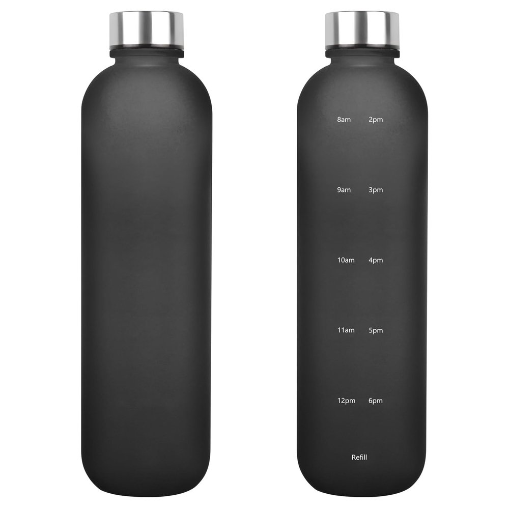 Motivational Sports Water Bottle, 1,000 ml, Time Markings, Leakproof, BPA-Free, with Shoulder Strap, Matte Black