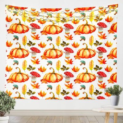 feelingyou Autumn Pumpkin Wall Tapestry, Watercolor Plants and Maple Leaves, Boho Red Mushroom Plaid Polyester Wall Hanging, Small Size