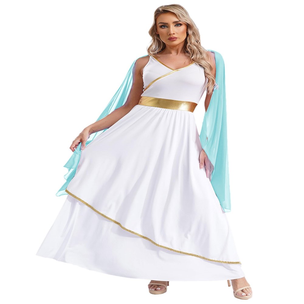 Freebily Women's Greek Goddess Costume Dress, Sleeveless Roman Toga, Light Blue, 3XL