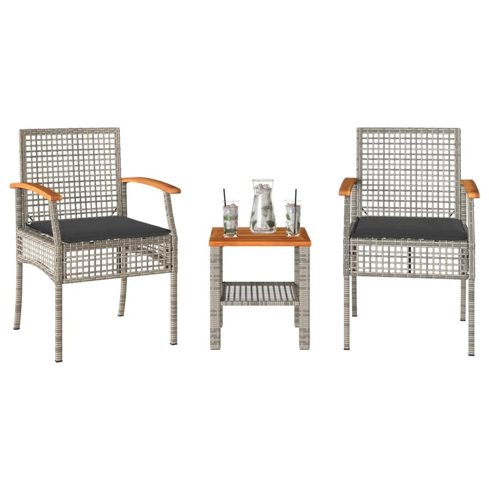 HEFZGDB 3-Piece Bistro Set with Cushions, Gray Poly Rattan and Acacia Wood
