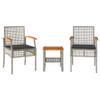 HEFZGDB 3-Piece Bistro Set with Cushions, Gray Poly Rattan and Acacia Wood view 2