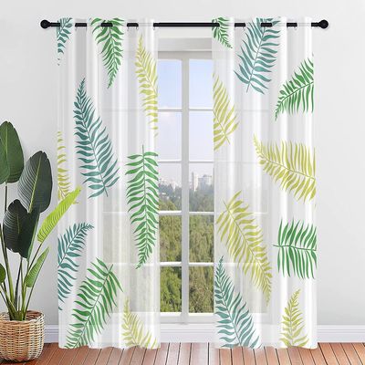 Highdi Tropical Leaf Voile Curtains with Grommets, 2-Piece Set, W132 x H182 cm, Nordic Leaves