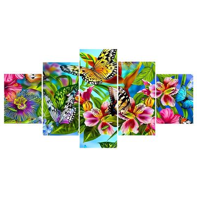 Generish Diamond Painting for Adults, Flowers and Butterfly, 5-Piece 5D Pentaptych, XXL, Full Round Drills, 100 x 50 cm
