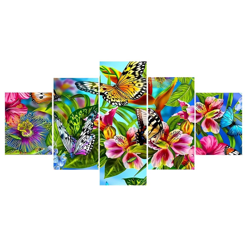Generish Diamond Painting for Adults, Flowers and Butterfly, 5-Piece 5D Pentaptych, XXL, Full Round Drills, 100 x 50 cm