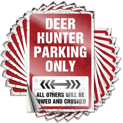 Funny Car Stickers, Deer Hunter Design, Parking, 10-Pack, Funny Bar Signs and Prank Stickers for Adults (6 x 9 cm)