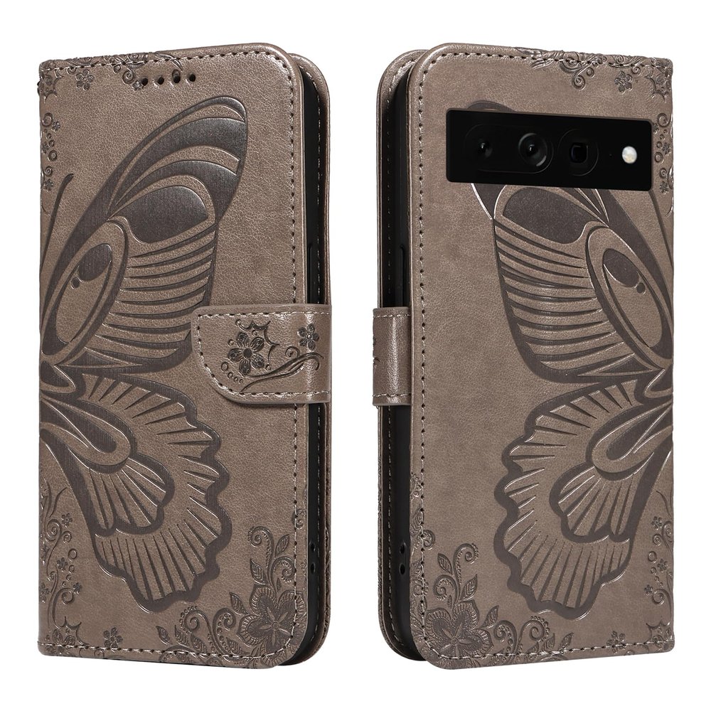 XFDSFDL Case for Google Pixel 7 Pro, PU Leather Flip Cover with Butterfly Fairy Pattern, Stand and Wallet, Gray