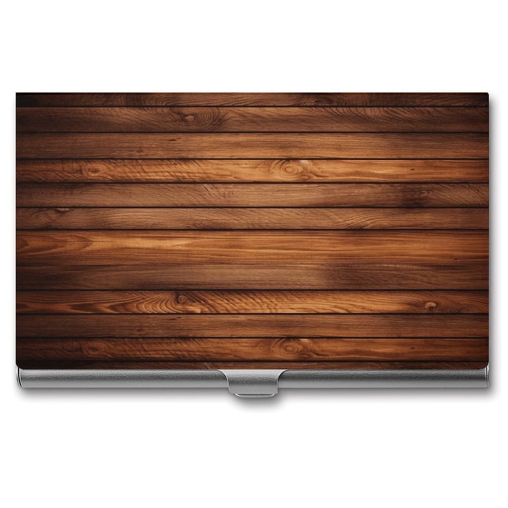 NHYDSPQ Metal Business Card Holder, Brown Wood-Grain Print