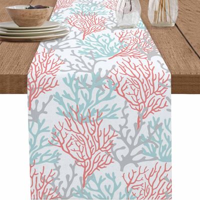 Rectangular Cotton-Linen Table Runner, Coral & Starfish Coastal Design, 33 x 183 cm